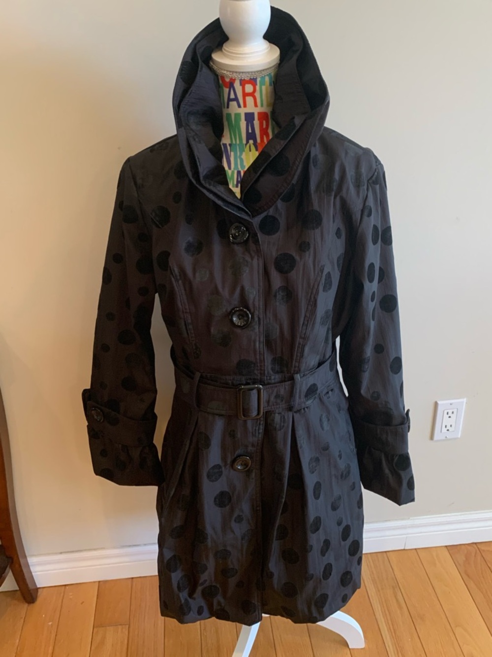 Black Polka Dot Trench Coat with Belt by Casa Donna